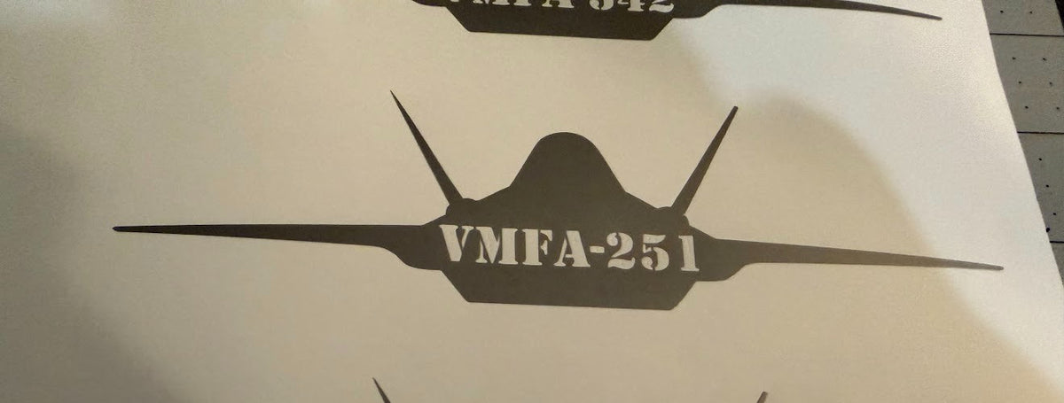 Silver F-35 fighter jet vinyl decal, VMFA-251 Cut Into Jet