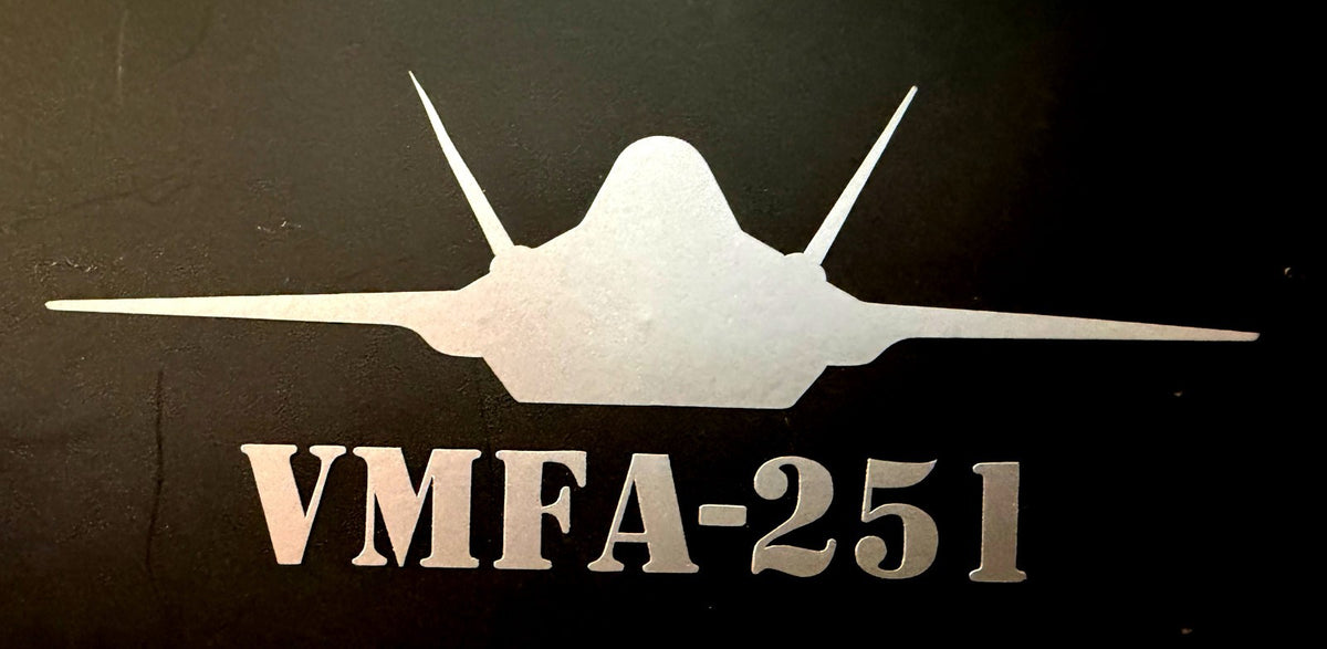 Silver F-35 fighter jet vinyl decal, VMFA-251 Lettering Below Jet
