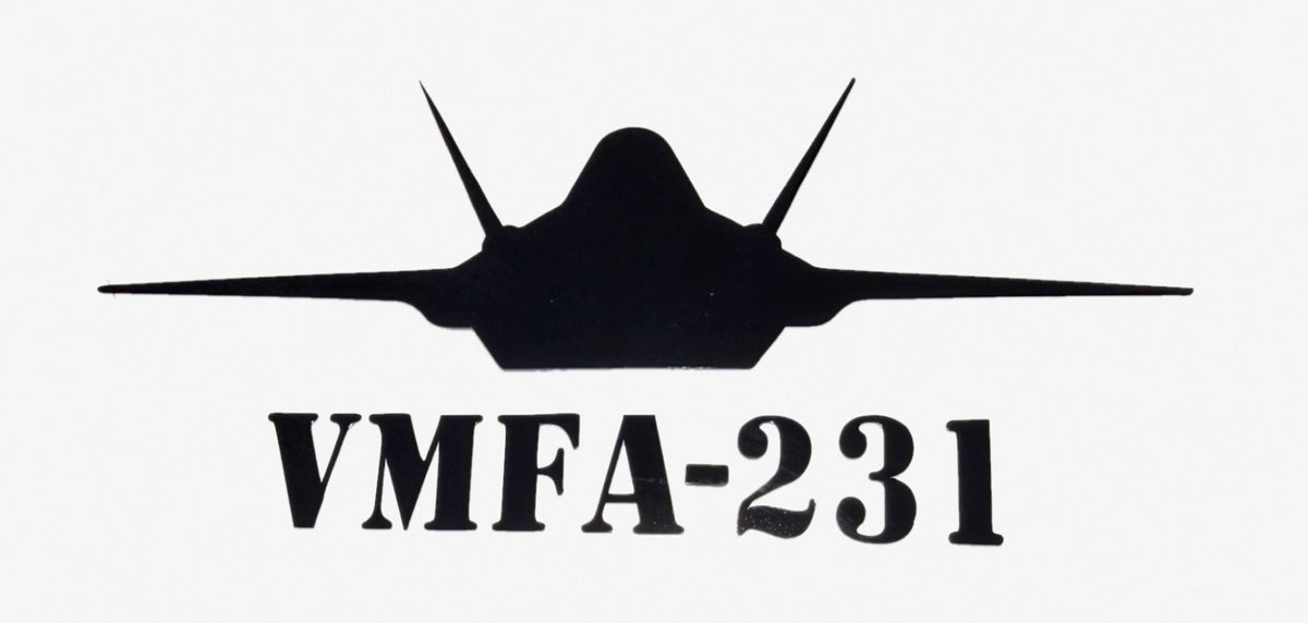 Black F-35 fighter jet vinyl decal, VMFA-231 Lettering Below Jet