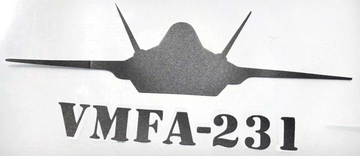 Matte Black F-35 fighter jet vinyl decal, VMFA-231 Lettering Below Jet