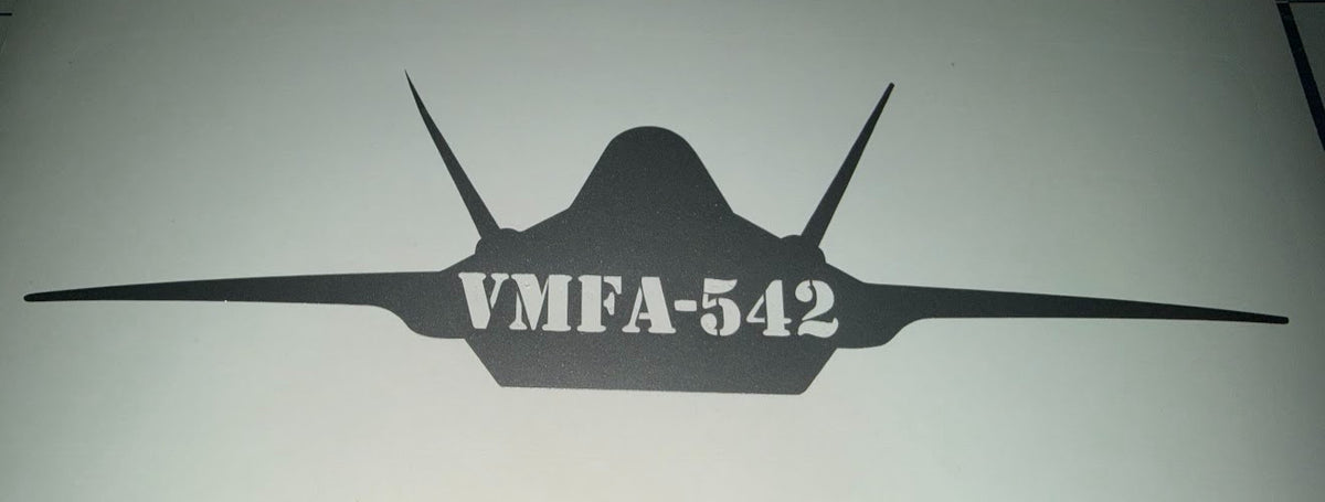 Silver F-35 fighter jet vinyl decal, VMFA-542 Cut Into Jet