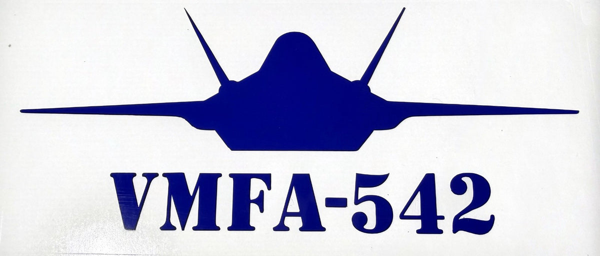 Blue F-35 fighter jet vinyl decal, VMFA-542 Lettering Below Jet