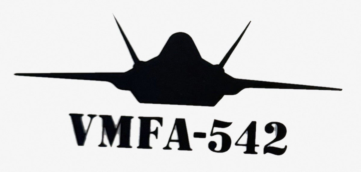 Black F-35 fighter jet vinyl decal, VMFA-542 Lettering Below Jet
