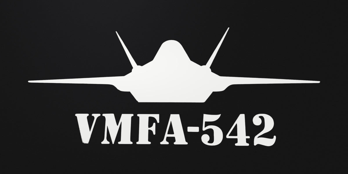 White F-35 fighter jet vinyl decal, VMFA-542 Lettering Below Jet