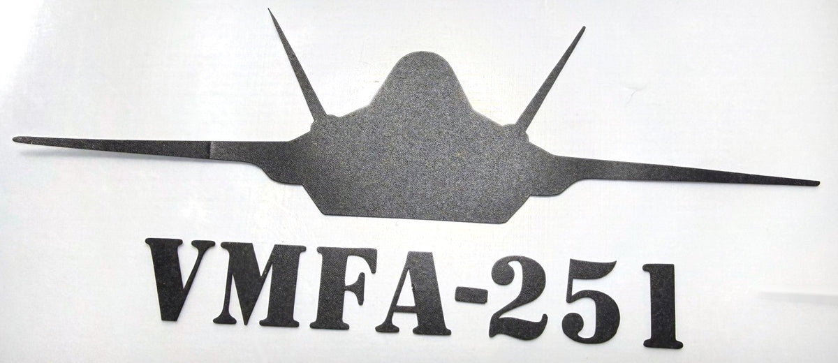 Matte Black F-35 fighter jet vinyl decal, VMFA-251 Lettering Below Jet
