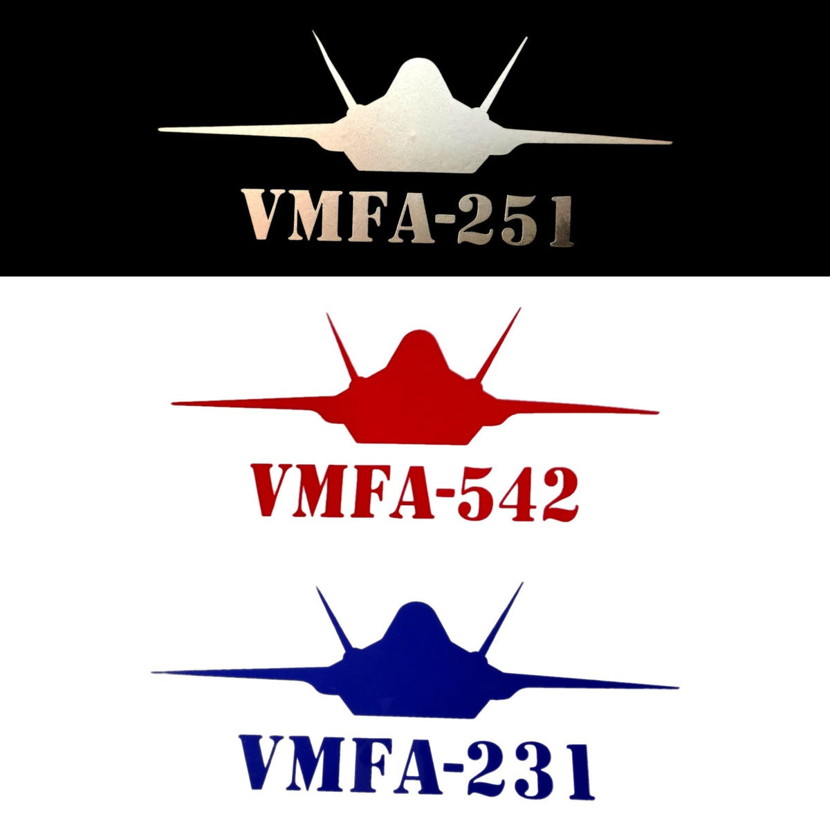 F-35 fighter jet decals in silver, red and blue with VMFA-231, VMFA-251 and VMFA-542 squadron lettering