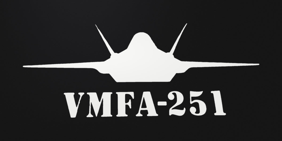White F-35 fighter jet vinyl decal, VMFA-251 Lettering Below Jet