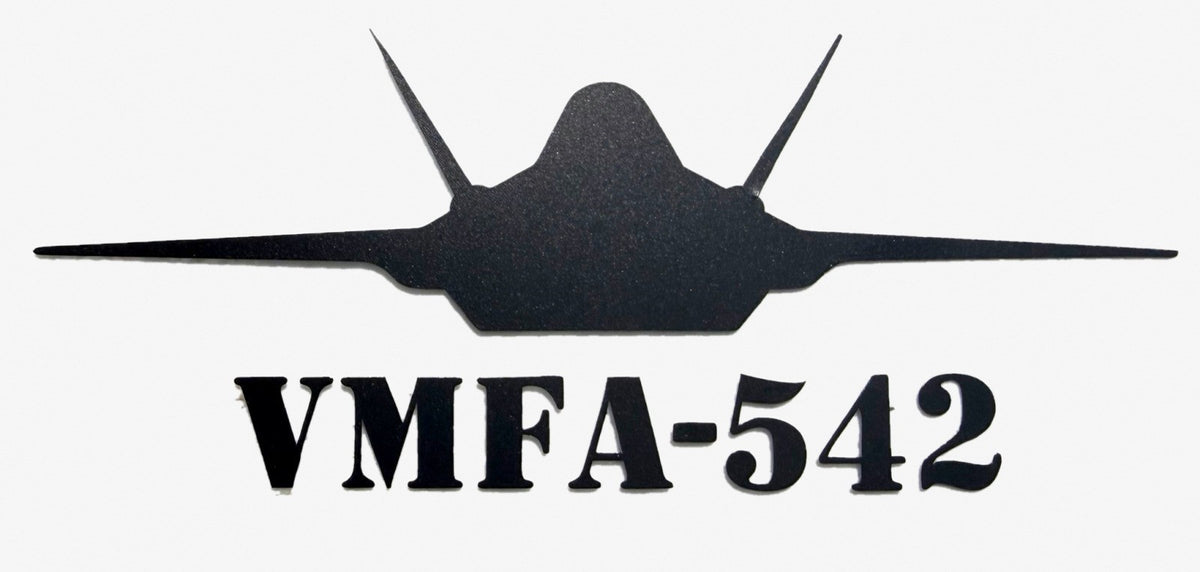 Matte Black F-35 fighter jet vinyl decal, VMFA-542 Lettering Below Jet