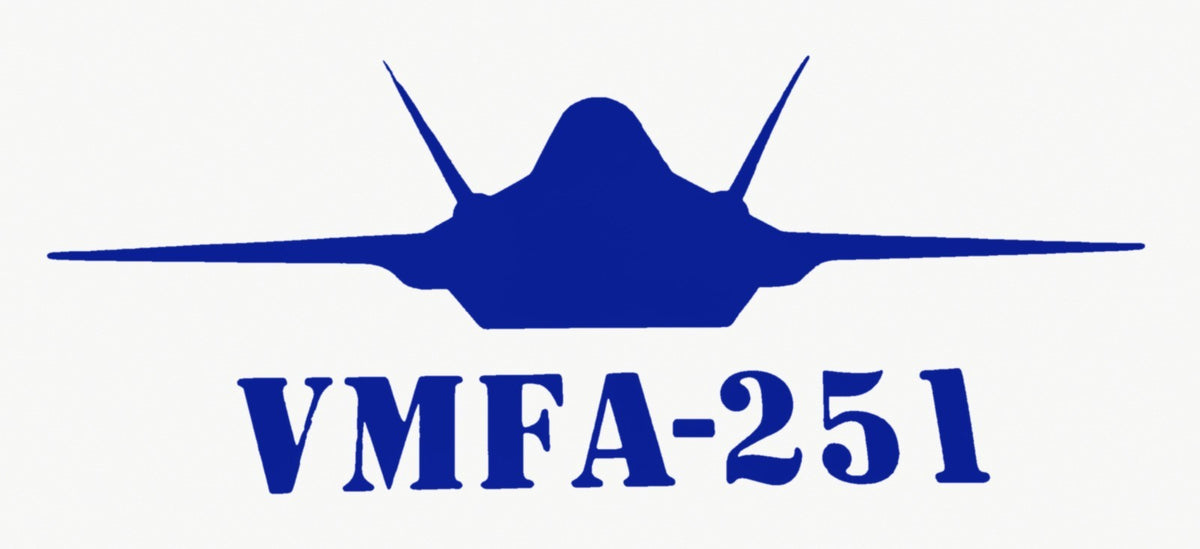 Blue F-35 fighter jet vinyl decal, VMFA-251 Lettering Below Jet