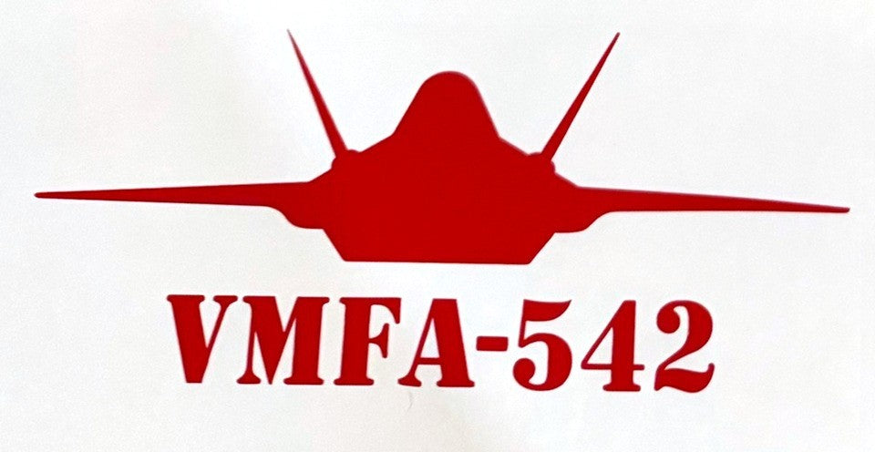 Red F-35 fighter jet vinyl decal, VMFA-542 Lettering Below Jet
