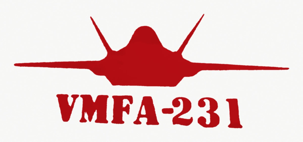 Red F-35 fighter jet vinyl decal, VMFA-231 Lettering Below Jet