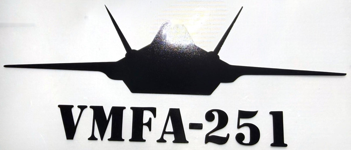 Black F-35 fighter jet vinyl decal, VMFA-251 Lettering Below Jet