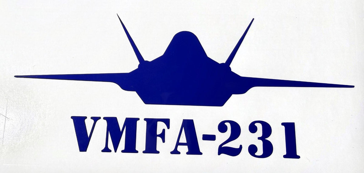 Blue F-35 fighter jet vinyl decal, VMFA-231 Lettering Below Jet