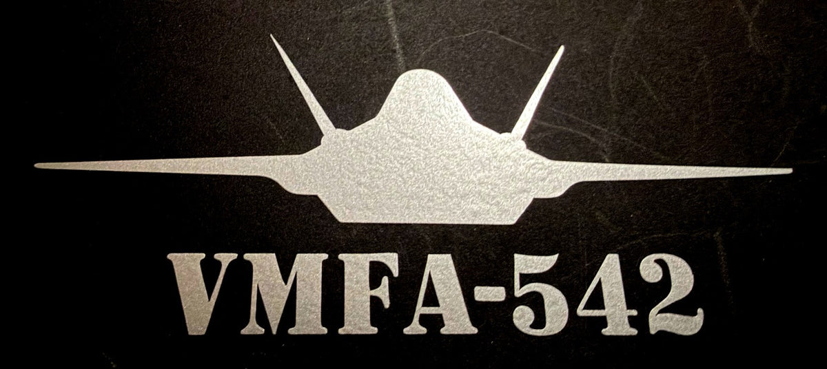 Silver F-35 fighter jet vinyl decal, VMFA-542 Lettering Below Jet