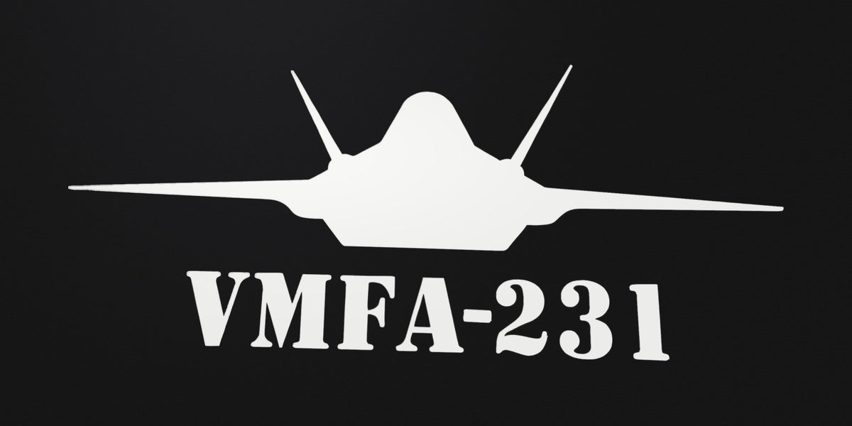 White F-35 fighter jet vinyl decal, VMFA-231 Lettering Below Jet